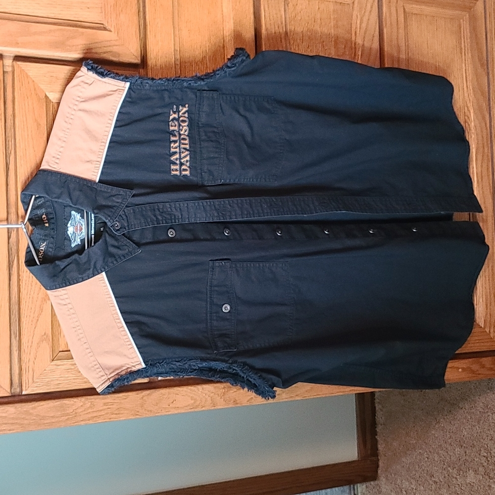 Men's XL Harley-Davidson butto up cut off shirt 110th Anniversary black & brown